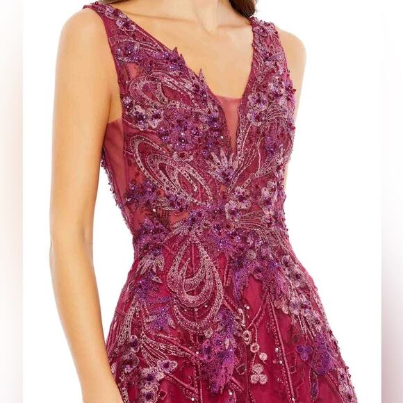 Ieena for Mac Duggal Embroidered Sleeveless Plunge Neck A-Line Gown Berry Sz 12 - Picture 3 of 10